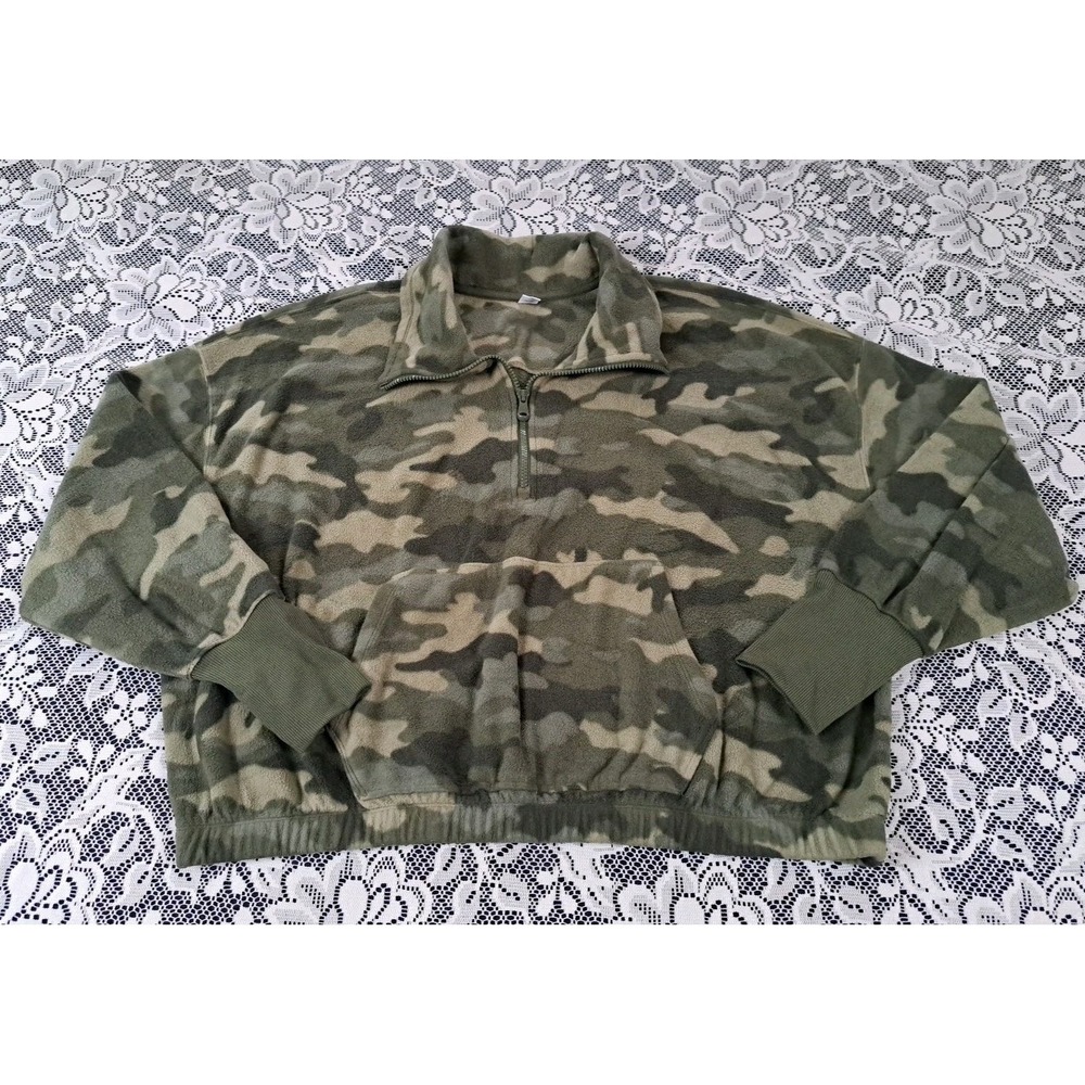 Old Navy Fleece Cropped Top Size XXL Green Camo 1/4 Zip Pocket Cuff Thumb Holes